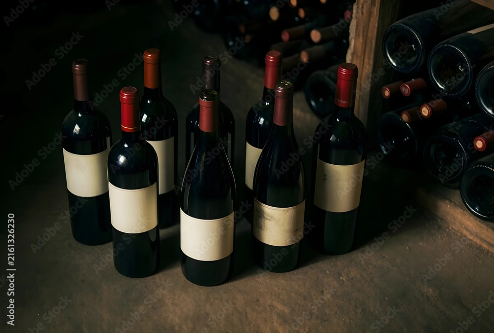 Naklejka premium Wine cellar storage and aging process, red wine bottles with blank labels in a dark, rustic underground environment