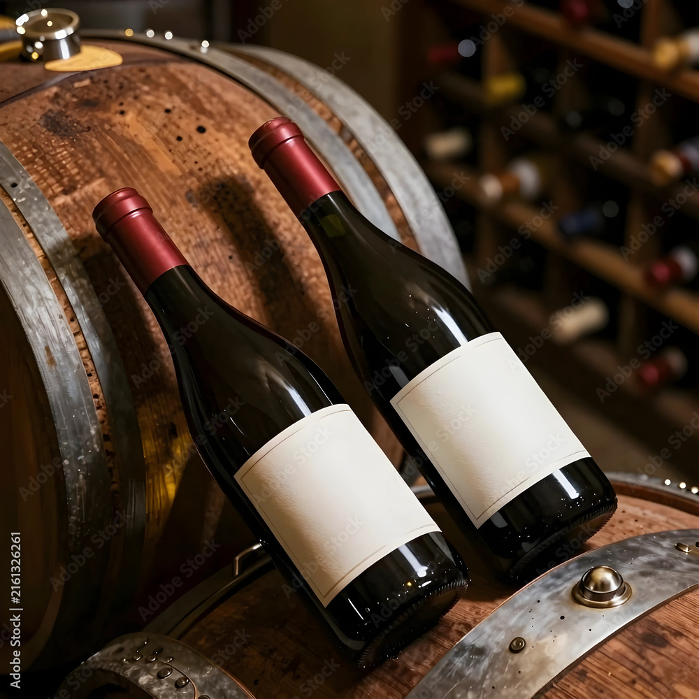 Naklejka premium Wine tasting and cellar storage, two red wine bottles with blank labels on oak barrels in a winery