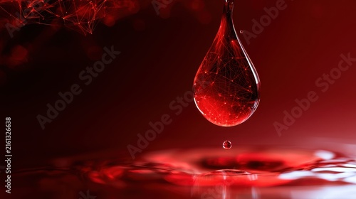 Blood testing screening biomarkers concept. Red liquid droplet suspended above a red surface with web-like structures.
