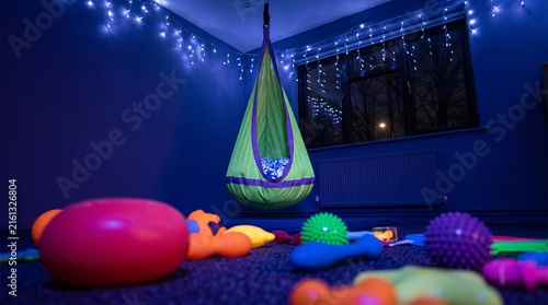 Sensory room with hanging pod swing, therapeutic play area with blue lighting, calming environment for autism and special needs