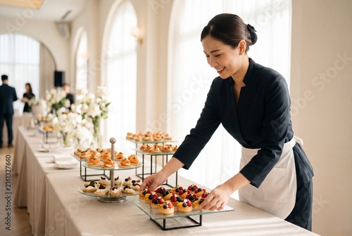 Smiling asian waitress setting up gourmet buffet for elegant event