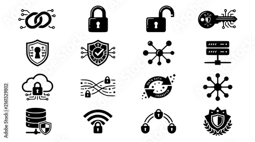 Cybersecurity Network Connection Data Protection Black Vector Icon Collection 16