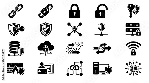 Cybersecurity Data Flow Network Connection Security Black Vector Icon Set 20