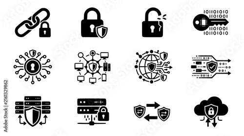 Cybersecurity Connection Data Flow Black Monochrome Vector Icon Set 12