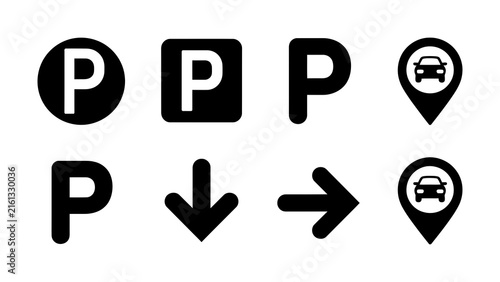 Parking icons set including various symbols for parking directions and location markers on white background