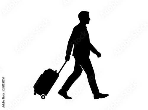 Traveling businessman silhouette walking with suitcase, male traveler pulling luggage vector, person on business trip icon