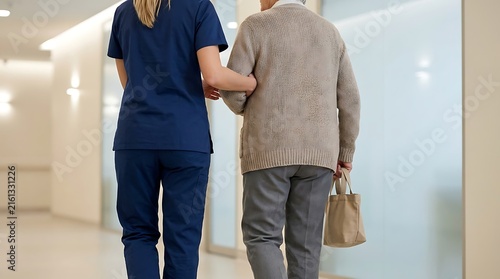A professional nurse walks with an elderly patient in a corridor. Medical support and senior mobility concept for professional aged care.