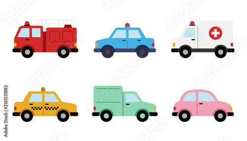Принти на полотні Flat vector emergency service and city transport vehicle icons set featuring red fire truck blue police car ambulance yellow taxi delivery van and pink sedan