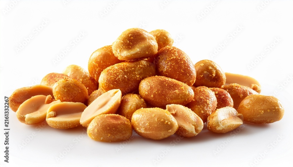 Fototapeta premium a small pile of golden brown roasted peanuts on a white background