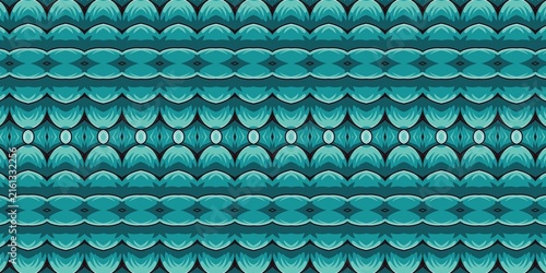 фотографія A symmetric wave pattern featuring repeating teal and cyan horizontal bands with intricate curved organic motifs