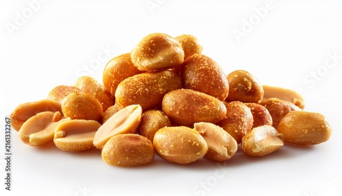 a small pile of golden brown roasted peanuts on a white background