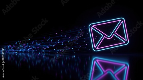 Neon Envelope Icon Flying Through Digital Data Space