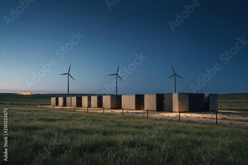 Battery energy storage units beside wind turbines glowing softly at blue hour