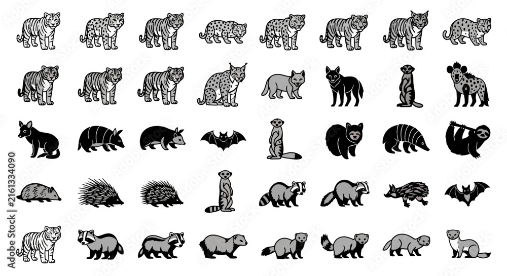 Naklejka premium Wild mammal silhouette icon set.