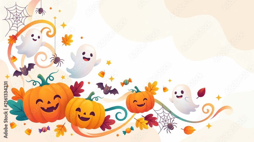 Fototapeta premium Cute halloween illustration with smiling pumpkin, two happy ghosts, spiderweb, spider, bats, candy, and autumn leaves, with decorative swirls and sparkles