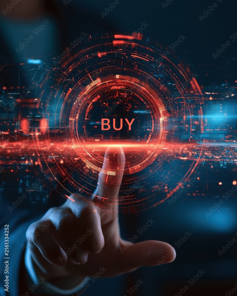 Obraz premium One click checkout concept. Futuristic digital interface with a finger pressing a 