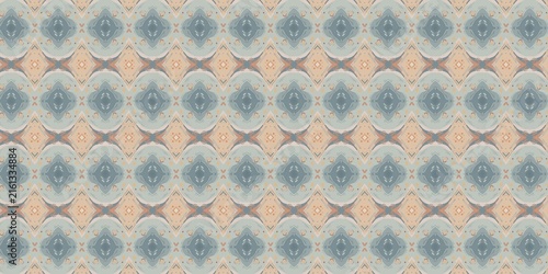 Foto A sophisticated ethnic pattern featuring repeating slate grey, peach, and cream horizontal bands with symmetrical diamond motifs