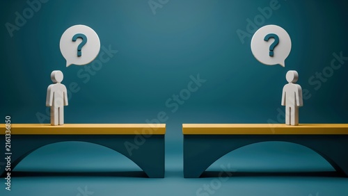 Obraz na płótnie Figures with question marks on broken bridge for communication gap.