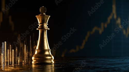 Golden Chess King Piece Stands Against a Dynamic Financial Chart Background, Symbolizing Strategic Business Decisions and Market Leadership.3d render