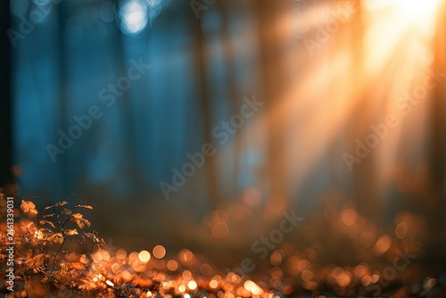 Golden sunlight streams through a hazy forest, illuminating autumn leaves