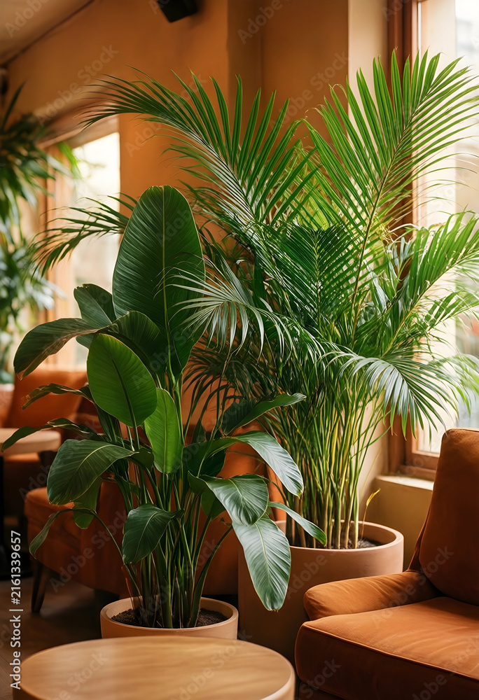 Fototapeta premium Indoor plants and natural decor, green foliage in a cozy cafe or lounge interior with warm lighting