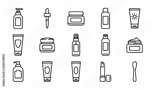Skincare product outline icon set with serum cleanser moisturizer sunscreen and beauty cosmetics