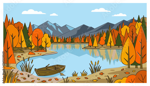 Autumn Lake Landscape Vector Illustration with Wooden Boat, Colorful Forest, and Mountain View