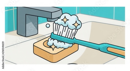 Sparkling Clean Toothbrush With Soap In Bathroom Sink