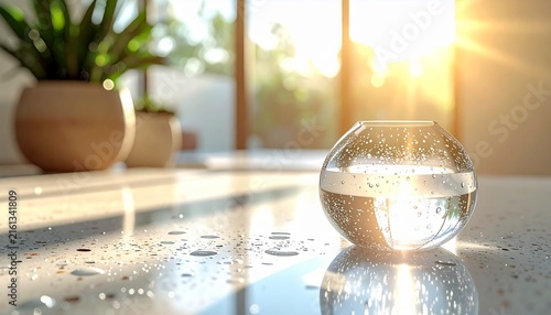 Smooth terrazzo surface with a clear glass vase covered in water droplets