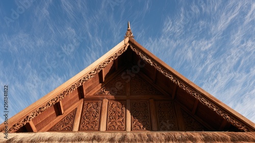 Ornate wooden gabled roof detail against a bright, cloudy sky