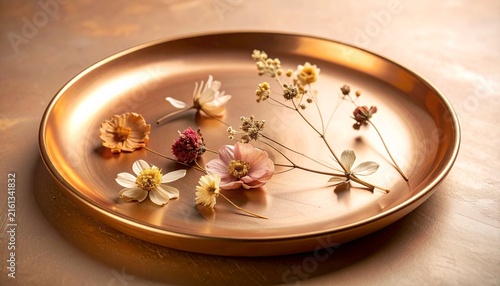 Delicate dried pressed flowers on a smooth warm copper metallic plate