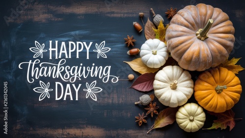 Thanksgiving Elegant Happy Thanksgiving Day script lettering on a dark wood background with a beautiful arrangement of seasonal pumpkins USA