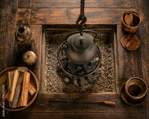 Top View of Traditional Japanese Irori Hearth with Kettle and Tea Accessories