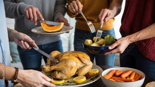 Thanksgiving Group of friends carving and serving roasted thanksgiving turkey with vegetables on a dining table for holiday family dinner party USA