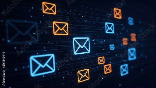 Digital mail envelope icons in a dark network for cybersecurity.