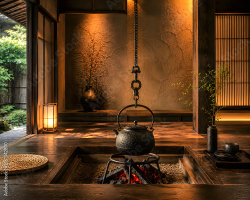 Luxury Japanese Ryokan Interior with Refined Irori Hearth and Iron Kettle