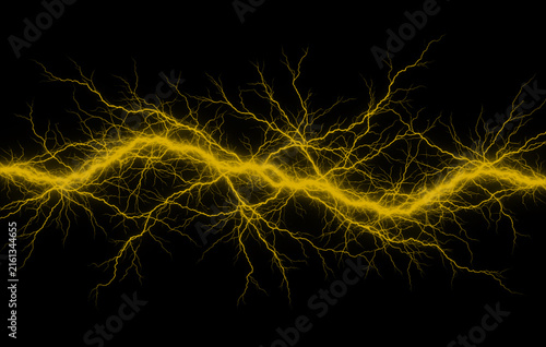 Fotografía Abstract electrical discharge with bright yellow lightning bolts on a black back