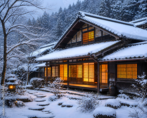 Snow Covered Traditional Japanese Kominka Farmhouse in Winter
