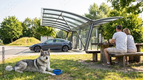 Husky resting near an EV charging station while a couple relaxes at a picnic table beside an electric SUV, pet friendly travel, sustainable mobility, outdoor lifestyle, road trip.