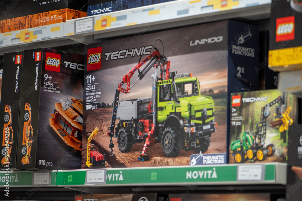 Fototapeta premium LEGO Technic Mercedes-Benz Unimog U 5023 Truck with Crane Building Blocks Set Box on Retail Shelf. Milan, Italy - June 24, 2026