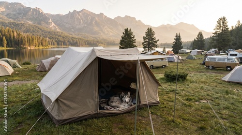 Dog resting inside open canvas tent at mountain lake campsite with other campers in background, camping with pet outdoor lifestyle concept.