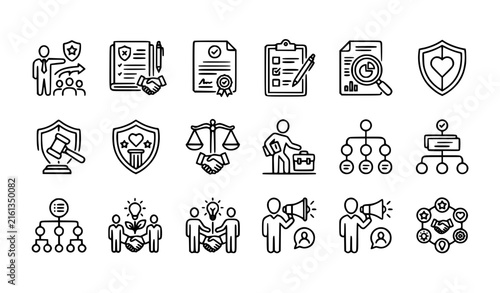 Business ethics and corporate values line icon set with compliance accountability transparency and leadership