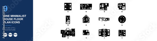 Nine Minimalist House Floor Plan Icons Set, Architectural Design Elements Featuring Floorplan, Icon