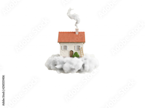 A Dreamy Miniature House Perched Atop A Soft Fluffy White Cloud Floating In A Calm Isolated Minimalist Atmosphere