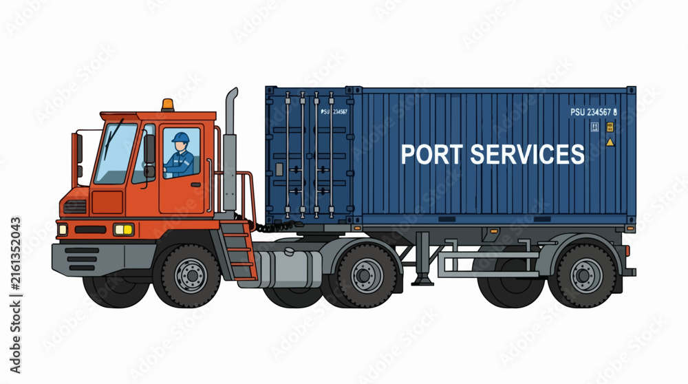Fototapeta premium Orange Terminal Tractor Truck Hauling Blue Port Services Container for Global Logistics and Freight Transport