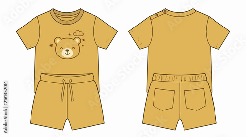 Mustard Yellow Baby Clothing Set Featuring Cute Teddy Bear Print Design with Front and Back View Fashion Flat