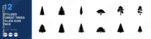 Stylized Forest Trees Filled Icon Pack, Nature Design Elements. Vector Illustration, Graphic Design, Icon Set.