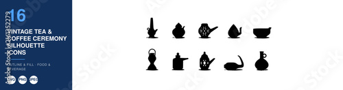 Vintage Coffee Tea Ceremony Silhouette Icons, Outline and Fill Design. Food and Beverage Illustration