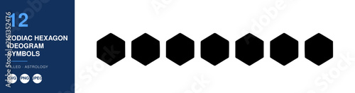 Zodiac Hexagon Ideogram Symbols Nameplate, Filled Black Shapes, Astrology Design, Vector Illustration, Graphic Element.