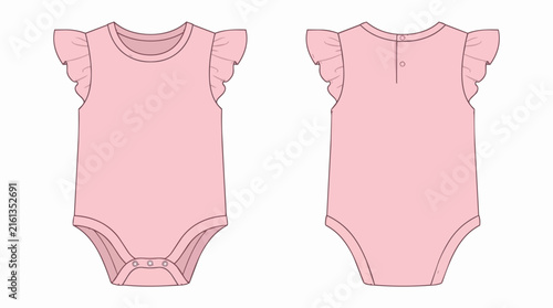 Pink Baby Girl Bodysuit with Ruffle Sleeves Front and Back View Technical Sketch for Infant Apparel Design